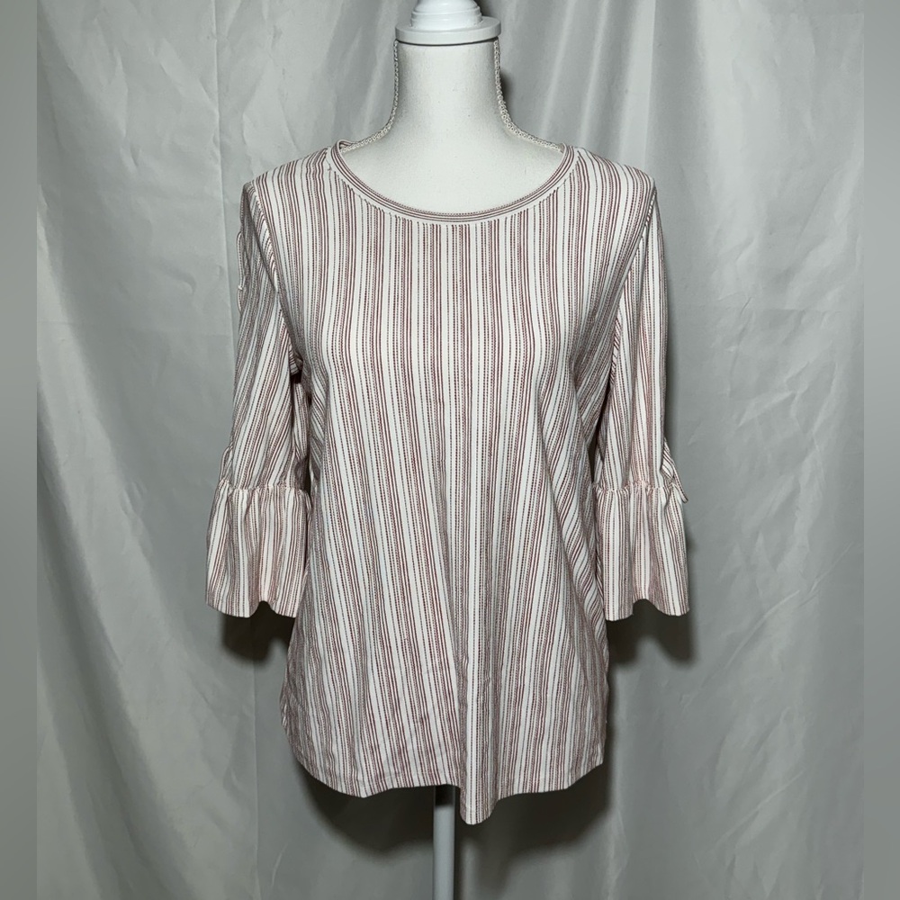 Lucky Brand Top White and Rusty Red Stripes Lace Up Bell Sleeves Womens Small